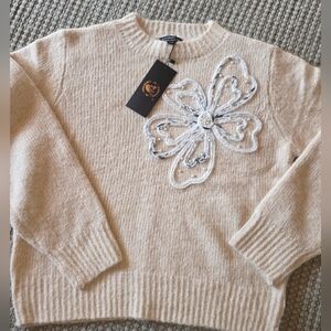 S. Christina  100% Cashmere Pearl Beaded Embellished Sweater Cream Sz S/M NWT